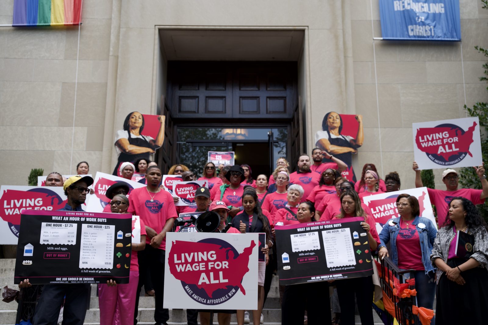 Coalition members on the steps of Lutheran Church of the Reformation on Capitol Hill for the '$7.25 vs. $25' grocery giveaway, June 29, 2026