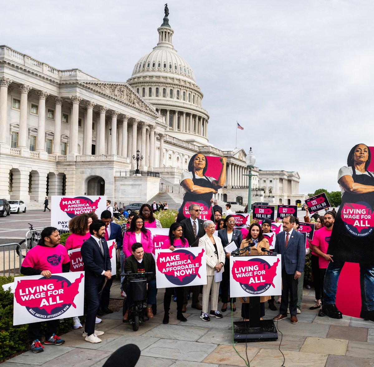 Wide shot of coalition members, workers, and Members of Congress at the Living Wage For All Act introduction at the U.S. Capitol